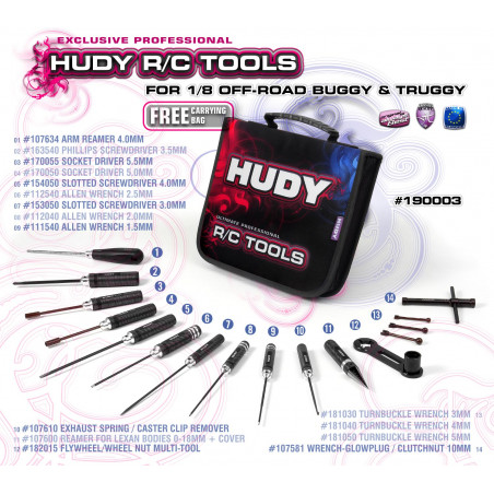 SET OF TOOLS + CARRYING BAG - FOR 1/8 OFF-ROAD CARS - 190003 - HUDY