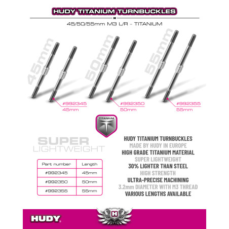 HUDY TITANIUM ADJUSTABLE TURNBUCKLE 55MM M3 L/R (2)  - HUDY - 992355